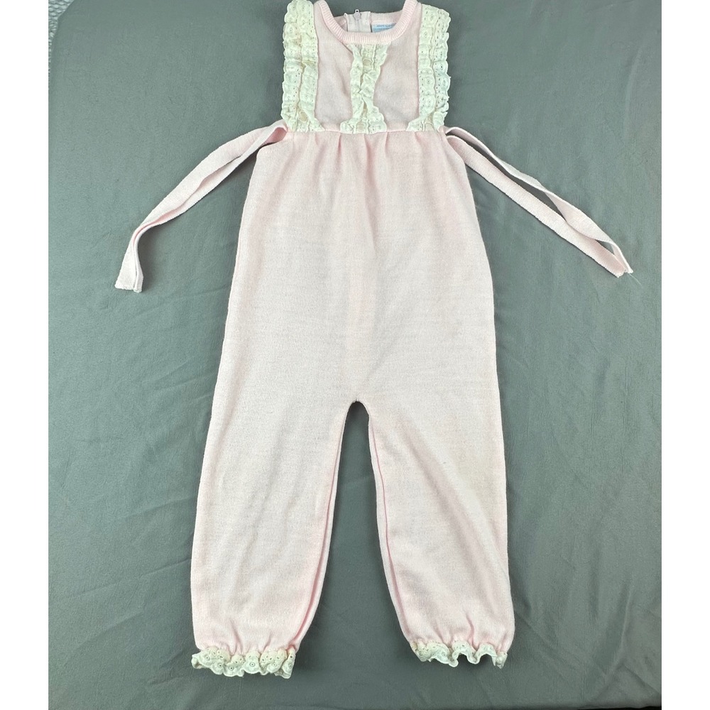 Vintage Baby Pink Knit Romper Eyelet Lace Ruffle Jumpsuit 24 Mos Made‎ USA